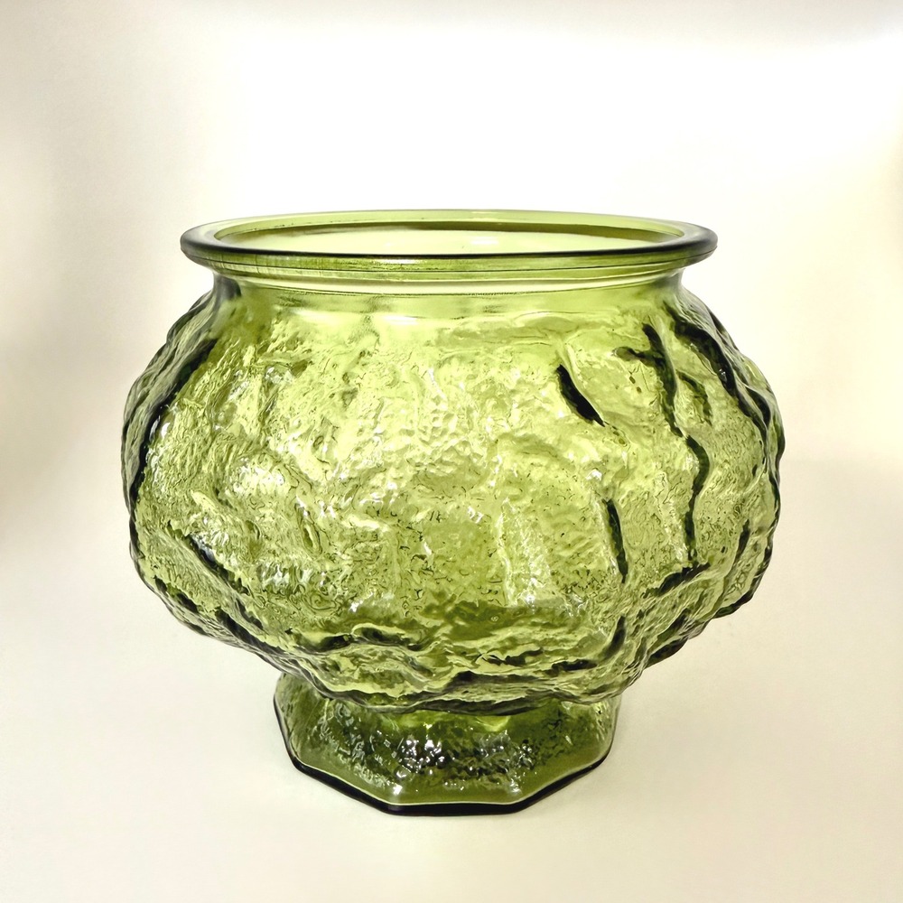 Vintage Brody Green Glass Planter Pedestal Crinkle Textured‎ Bowl USA